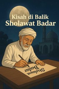 Ilustrasi KH Ali Mansur menulis Sholawat Badar di meja kayu dengan latar masjid dan bulan purnama dalam suasana malam yang tenang.