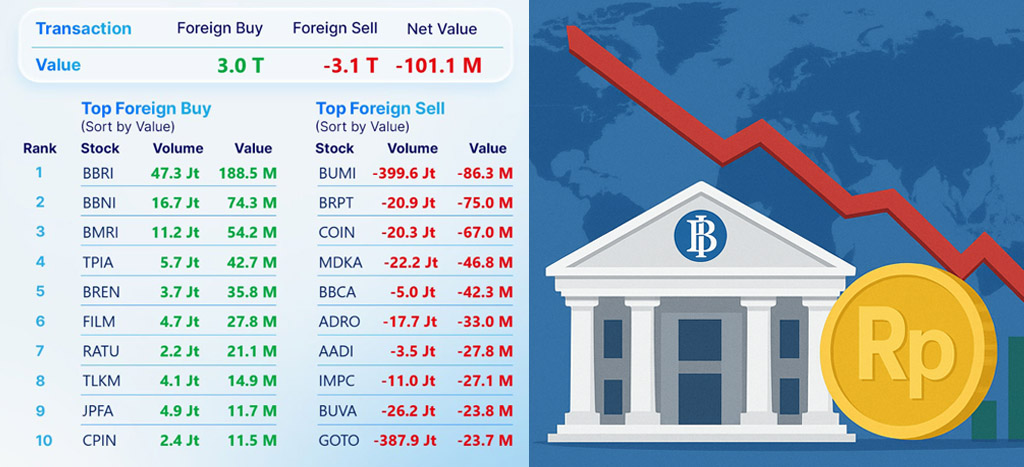 “Ilustrasi gedung Bank Indonesia dengan grafik pergerakan Rupiah dan ketegangan pasar global.”